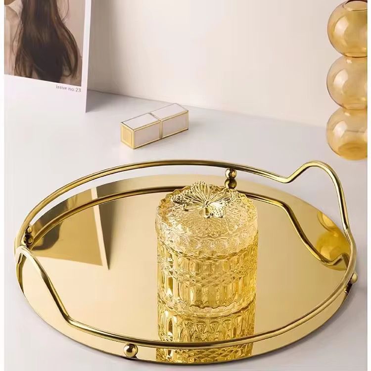 Modern 13-Inch Round Gold Mirror Tray – Decorative Stainless Steel Serving Platter with Integrated Handles