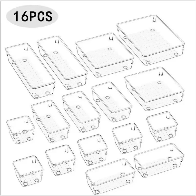16-Piece Clear Desk Drawer Organizer Bins Set