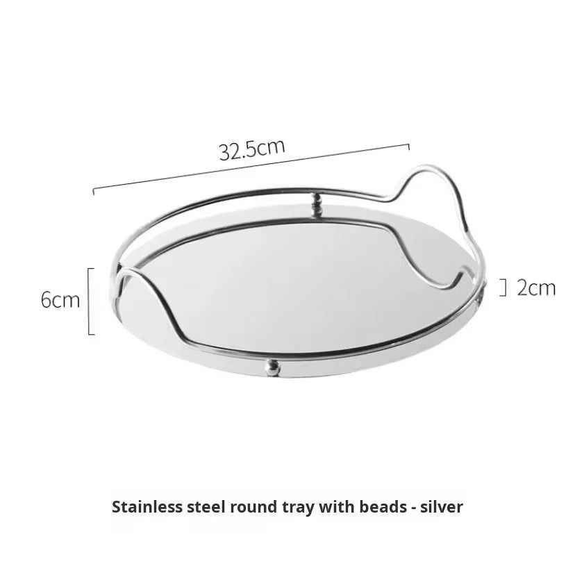 Modern 13-Inch Round Silver Mirror Vanity Tray – Stainless Steel Serving Platter with Integrated Wave Handles