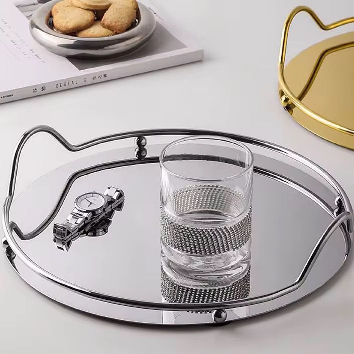 Modern 13-Inch Round Silver Mirror Vanity Tray – Stainless Steel Serving Platter with Integrated Wave Handles