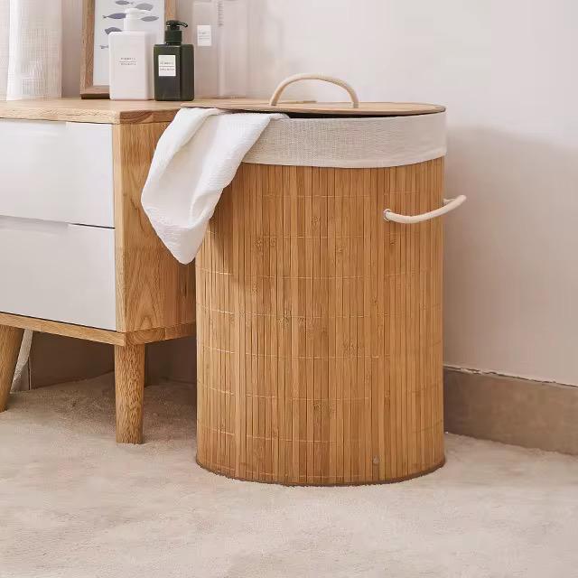 Bamboo Laundry Basket – Modern Round Clothes Storage Organizer with Cotton Liner for Bathroom and Bedroom, 35x50cm