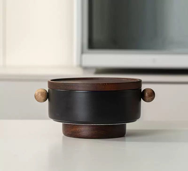 Matte Black Ceramic Serving Bowl with Wooden Lid and Pedestal Base – Small Decorative Tabletop Bowl
