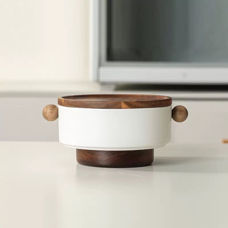 Matte White Ceramic Serving Bowl with Wooden Lid and Pedestal Base