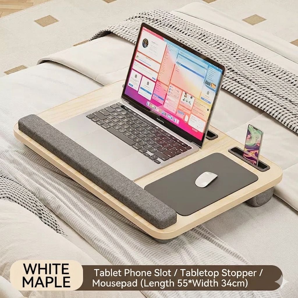Laptop Lap Desk with Cushion – 21.6-Inch Bed Tray Table in White Maple with Built-In Mouse Pad, Tablet & Phone Slots