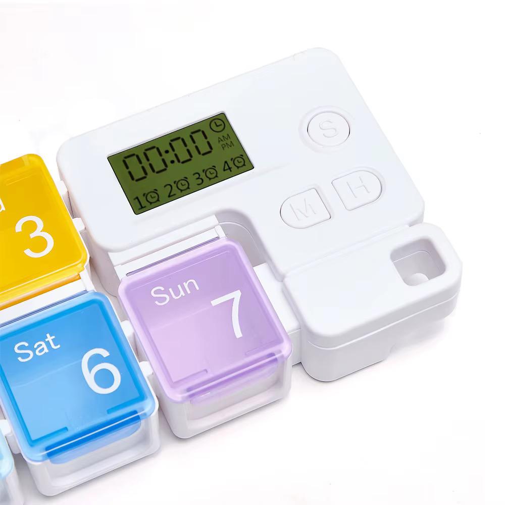 Portable 7-Day Electronic Pill Organizer – Digital Alarm Reminder Box with Color-Coded Lids