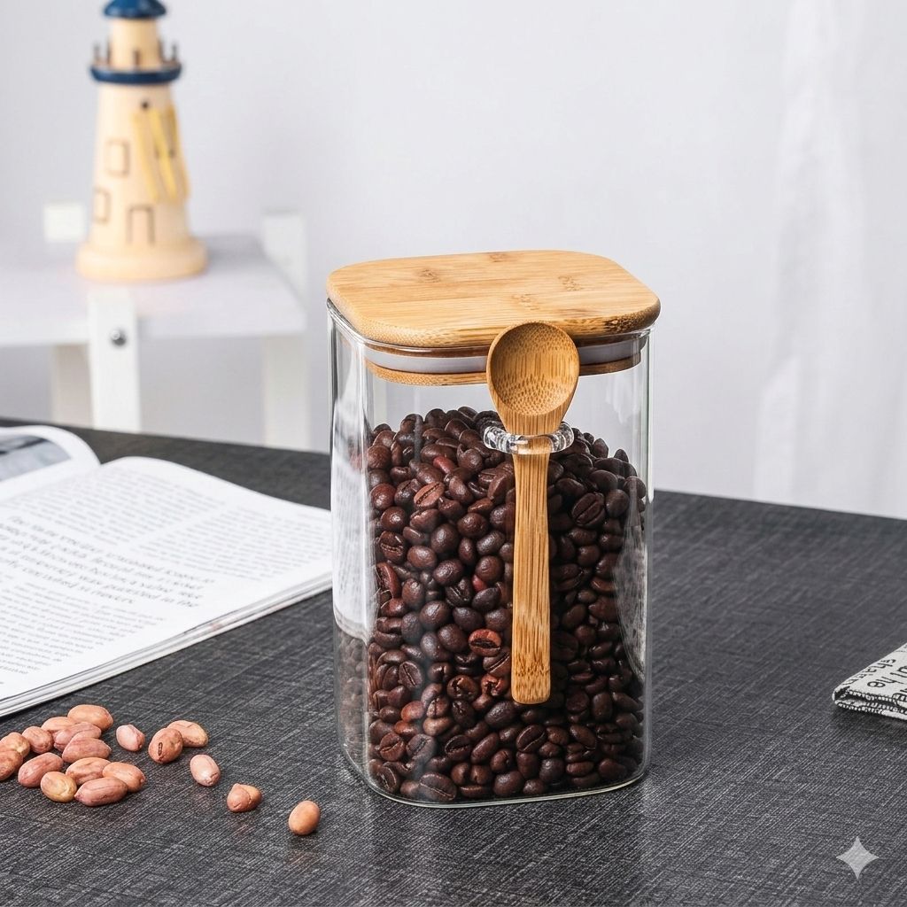 Glass Storage Jar Set with Bamboo Lid & Spoon – Airtight Kitchen Container for Coffee, Beans, Candy & Snack