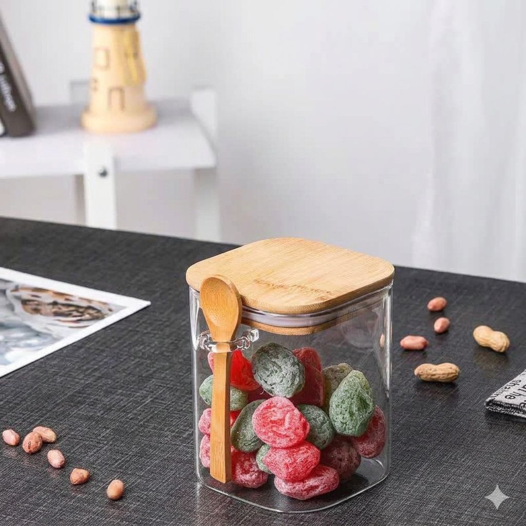 Glass Storage Jar Set with Bamboo Lid & Spoon – Airtight Kitchen Container for Coffee, Beans, Candy & Snack