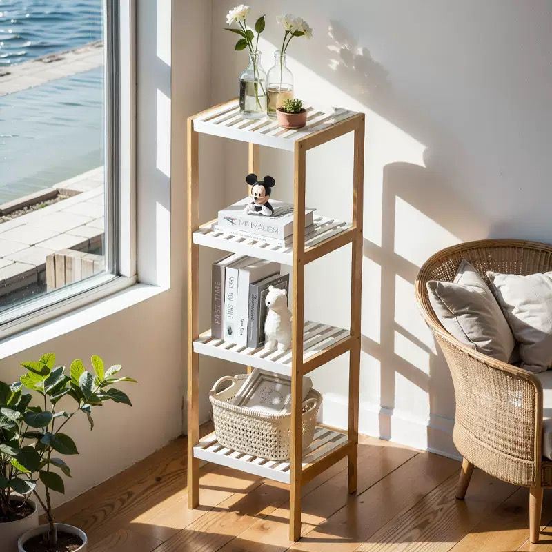 4-Tier Bamboo Storage Shelf with White Slatted Tiers