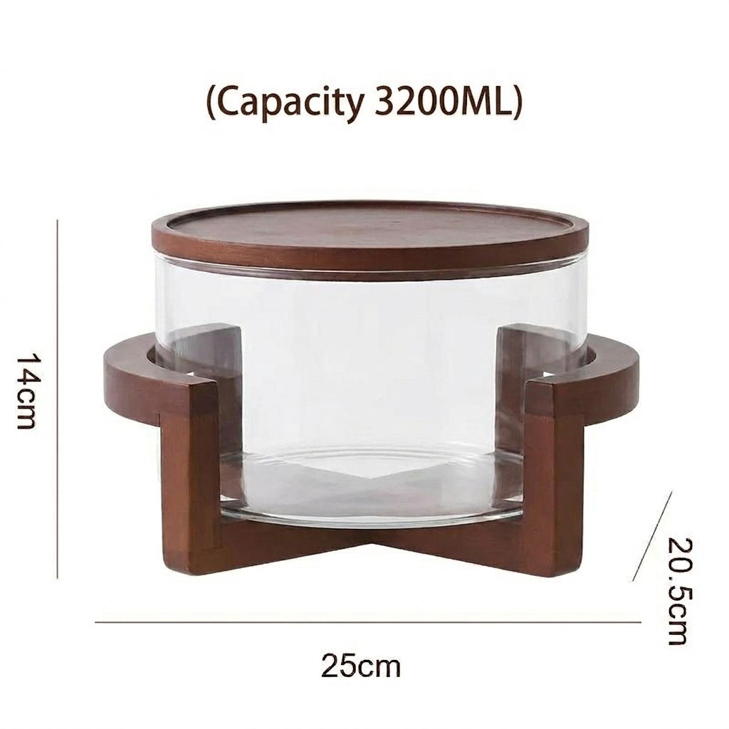 3200ml Glass Salad Bowl Wood Cradle & Lid