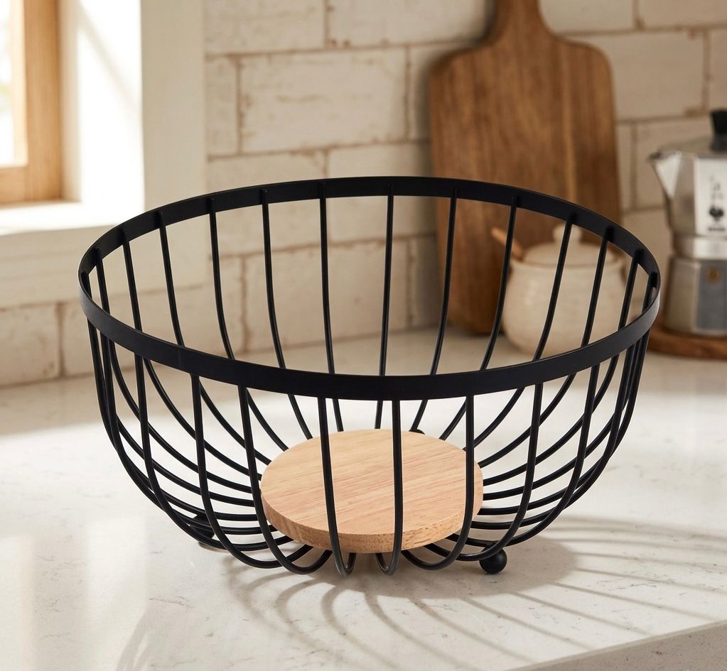 Sculptural Wire Fruit Basin with Bamboo Base