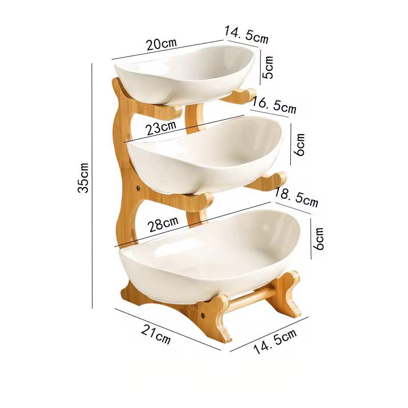 3-Tier Bamboo & Ceramic Tiered Serving Station