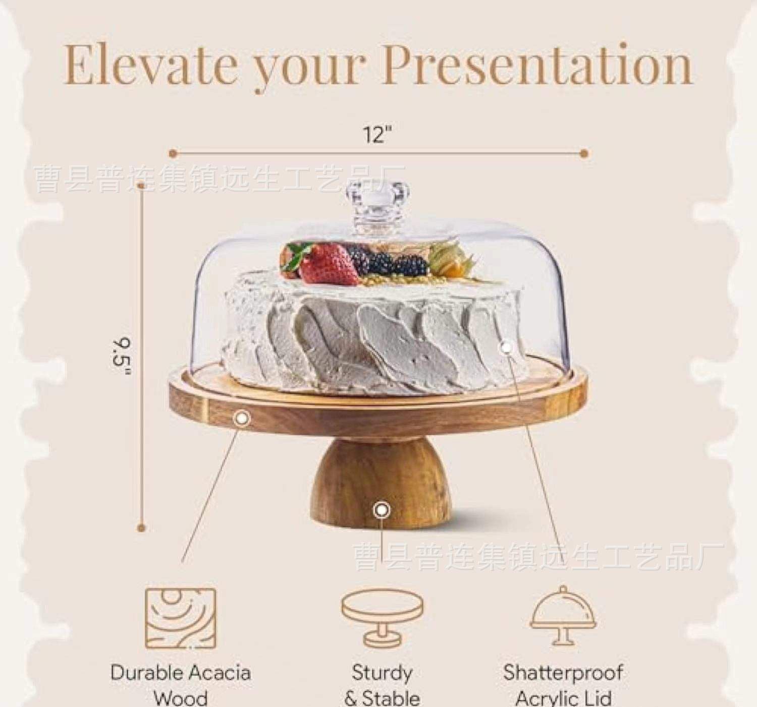 Premium Acacia Wood Cake Stand with Shatterproof Acrylic Dome Lid