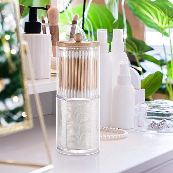 2-in-1 Stacked Acrylic Cotton Pad & Swabs Holder – Dual-Compartment Makeup Dispenser