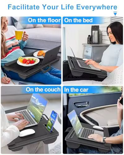 Laptop Lap Desk with Cushion – 21.6-Inch Bed Tray Table with Built-In Mouse Pad, Tablet & Phone Slots