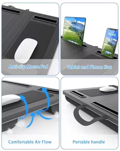 Laptop Lap Desk with Cushion – 21.6-Inch Bed Tray Table with Built-In Mouse Pad, Tablet & Phone Slots