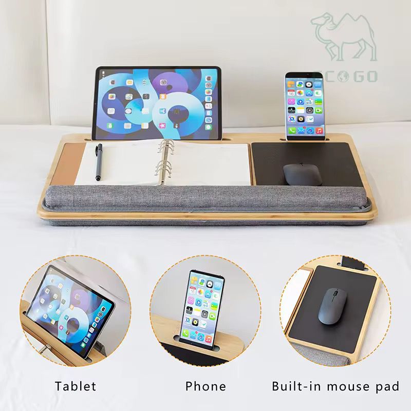 Laptop Lap Desk with Cushion – 21.6-Inch Bed Tray Table in White Maple with Built-In Mouse Pad, Tablet & Phone Slots