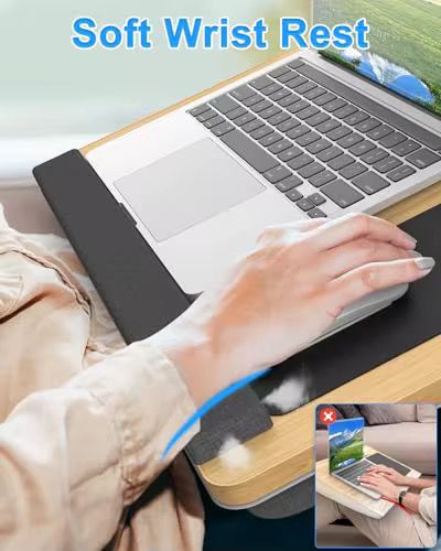 Laptop Lap Desk with Cushion – 21.6-Inch Bed Tray Table in White Maple with Built-In Mouse Pad, Tablet & Phone Slots