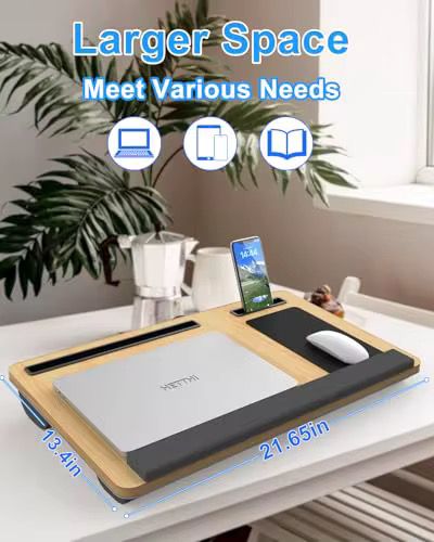 Laptop Lap Desk with Cushion – 21.6-Inch Bed Tray Table in White Maple with Built-In Mouse Pad, Tablet & Phone Slots