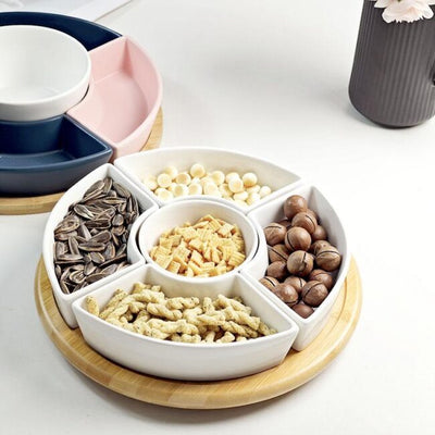 Ceramic Snack Platter Set with Natural Bamboo Lids & Lazy Susan Base