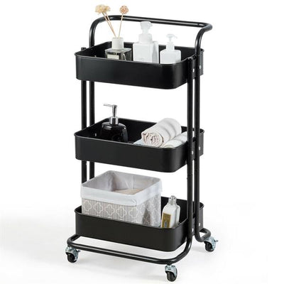3-Tier Carbon Steel Mobile Storage Utility Cart-Black