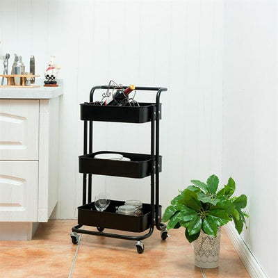 3-Tier Carbon Steel Mobile Storage Utility Cart-Black