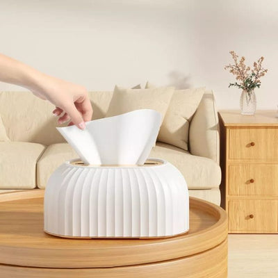Fluted Tissue Box with Integrated Spring Lift and Gold-Tone Base