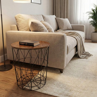 Side Round Coffee Table with Storage Basket