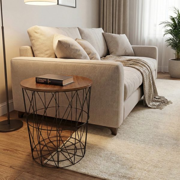Side Round Coffee Table with Storage Basket