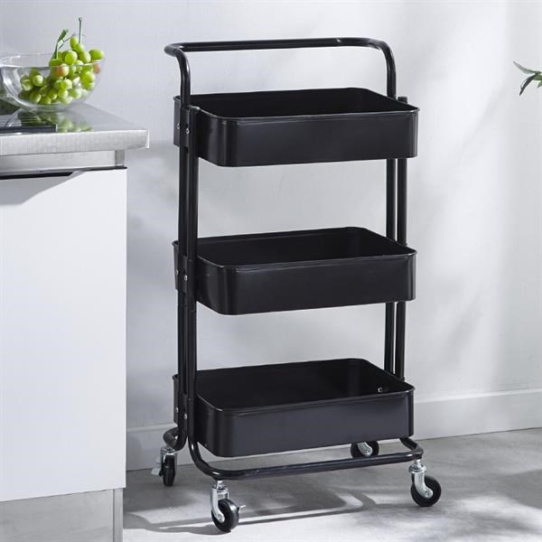 3-Tier Carbon Steel Mobile Storage Utility Cart-Black