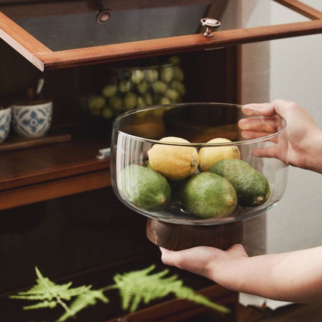 Fruit & Salad Glass Bowl with Wooden Base