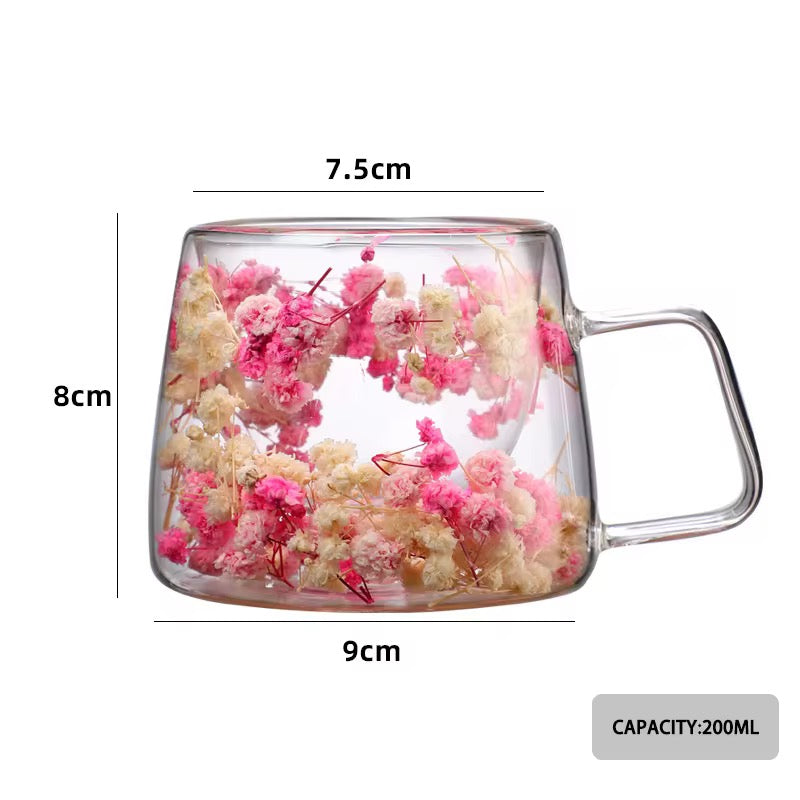 200ml Double-Wall Transparent Drinking Mug With Dried Flower Design 1 piece