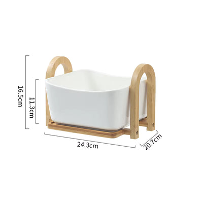 Matte White Ceramic Serving Bowls with Arched Bamboo Handles