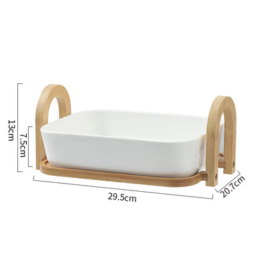 Matte White Ceramic Serving Bowls with Arched Bamboo Handles