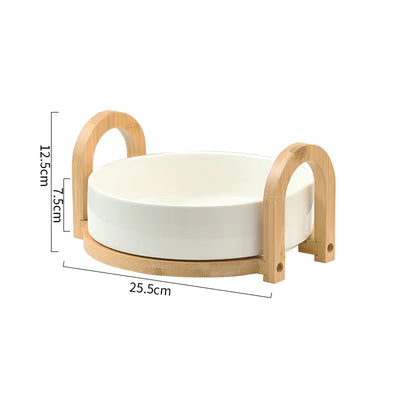 Matte White Ceramic Serving Bowls with Arched Bamboo Handles