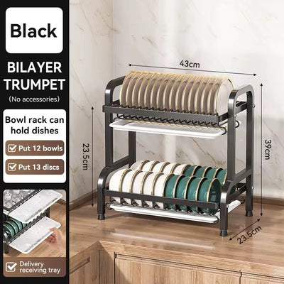2 Layers Metal Kitchen Rack Carbon Steel Dish Drainer