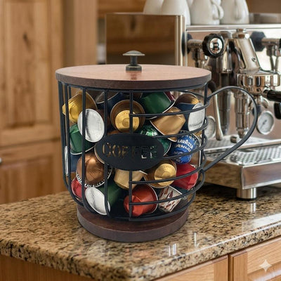 Mug-Shaped Wire Espresso Pod Organizer with Wooden Accents