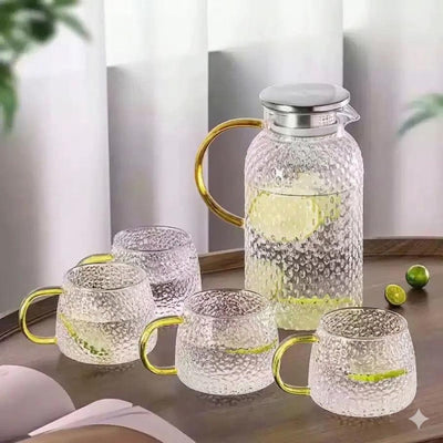 Hammered Glass Pitcher and Cup Set with Gold-Tone Accents