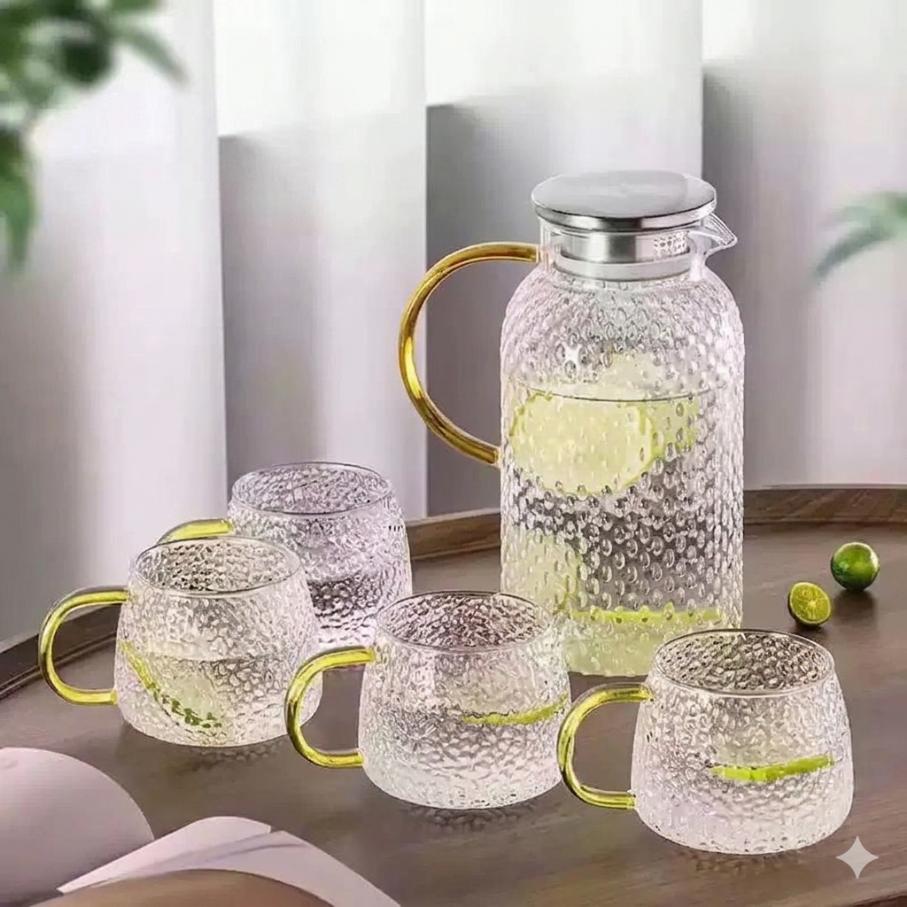 Hammered Glass Pitcher and Cup Set with Gold-Tone Accents