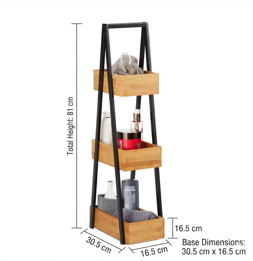 3-Tier Bamboo & Steel Space-Saving Storage Tower