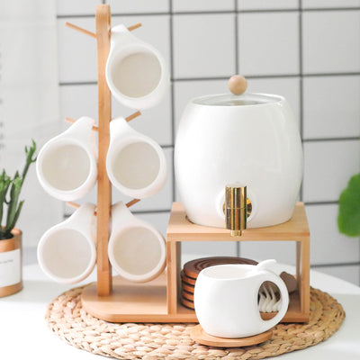 Ceramic Coffee & Tea Dispenser Set with Bamboo Mug Tree & Coasters