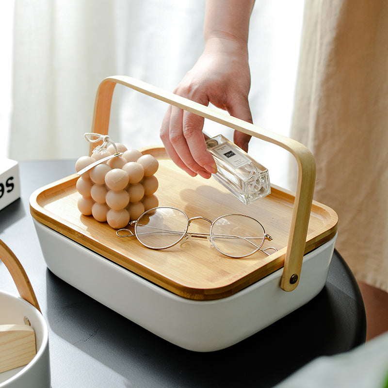 Ceramic Serving Casserole Box with Bamboo Lid and Swing Handle