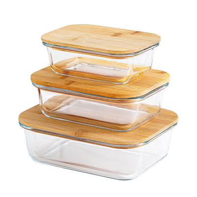 Set of 3 Pieces rectangular Glass Food Storage Containers  with Bamboo Lid