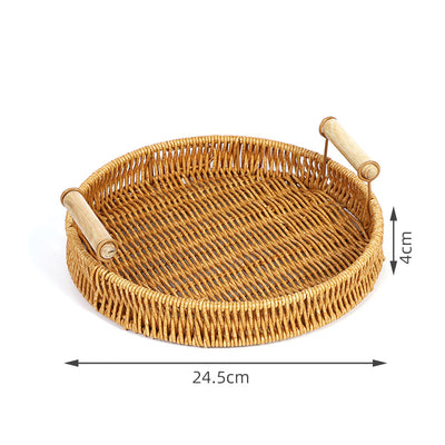 Set of 3 Trays-Rattan Handmade Woven Round Serving Tray for Fruit and Bread