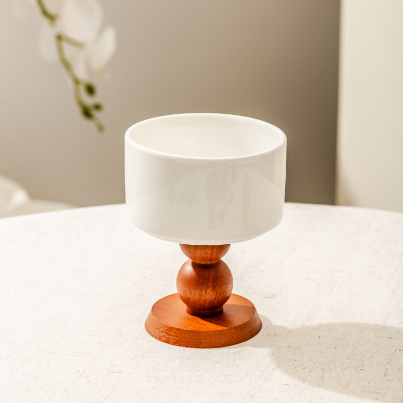 Modern Ceramic Pedestal Goblet Bowl with Wooden Base – Elegant High-Footed Porcelain Dessert Cup