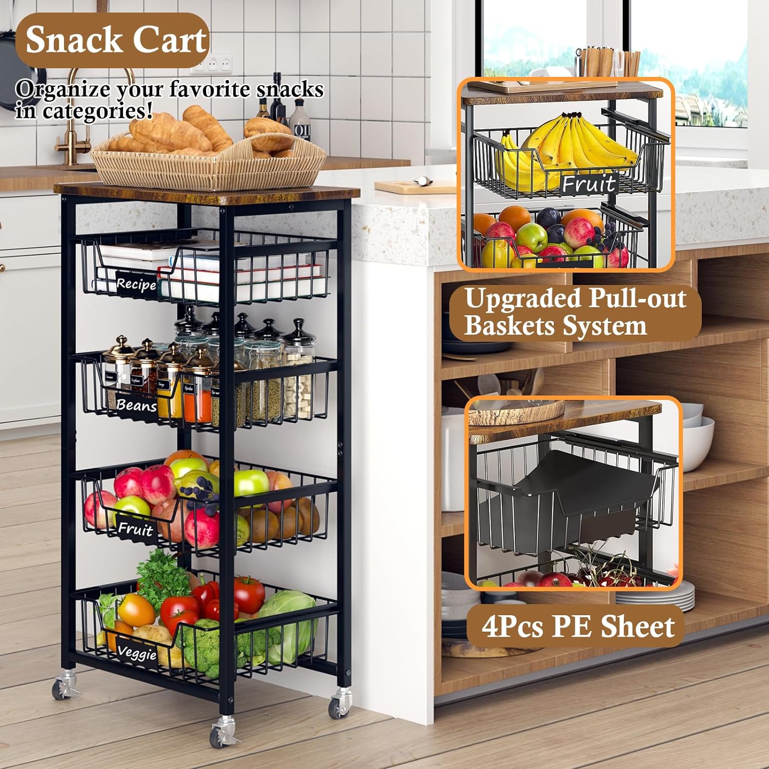 4-Tier Rolling Snack Organizer Cart with Industrial Wood Top – Mobile Pantry Storage