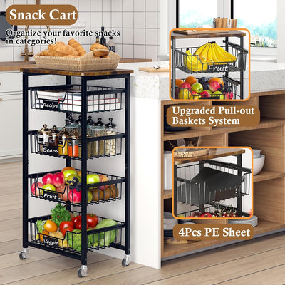 4-Tier Rolling Snack Organizer Cart with Industrial Wood Top – Mobile Pantry Storage