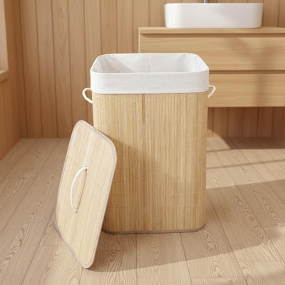 Collapsible Bamboo Laundry Hamper with Lid and Removable Liner | Large Capacity Clothes Storage Bin with Rope Handles