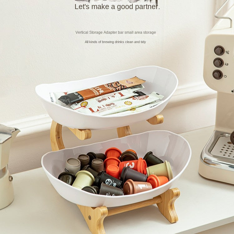 2-Tier Bamboo & Ceramic Tiered Serving Station