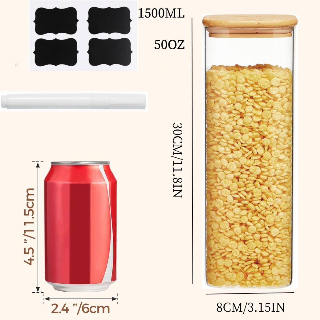 1500ml Glass Storage Square Wooden Bamboo Lid Eco-Friendly Kitchen Pantry
