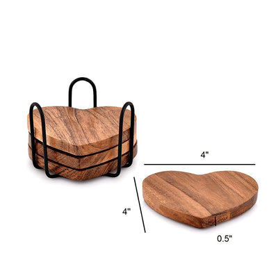 Heart-Shaped Wooden Coaster Set with Matte Black Metal Holder-Set of 4 Pcs